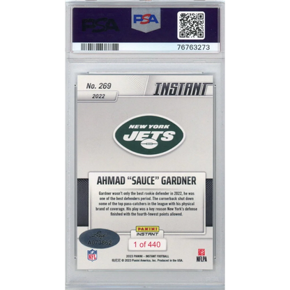 2022 Panini Instant Ahmad Sauce Gardner football card serial numbered 1 of 440 in PSA 10