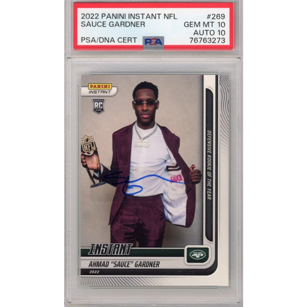 Graded PSA 10 auto Ahmad Sauce Gardner 2022 Panini Instant rookie card with trophy