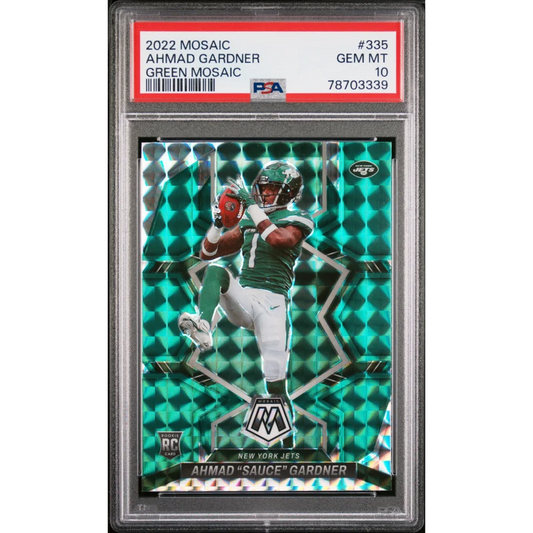 Graded 2022 Panini Mosaic Ahmad Sauce Gardner #335 Green Mosaic Rookie RC Football Card PSA 10 Gem Mint | Hall of Fame Sports Memorabilia | vintageantiquesgifts.com