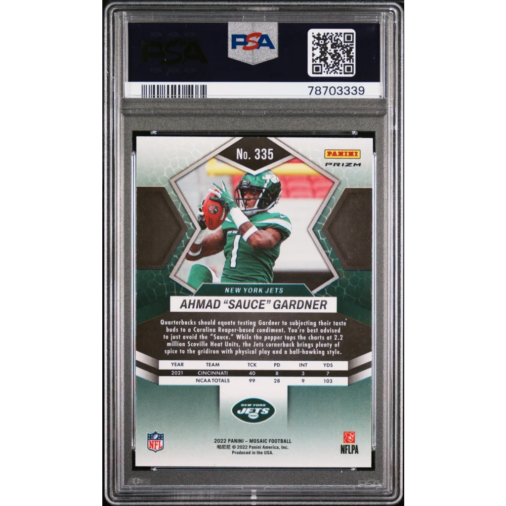 PSA 10 Graded 2022 Panini Mosaic Ahmad Sauce Gardner #335 Green Rookie RC Card