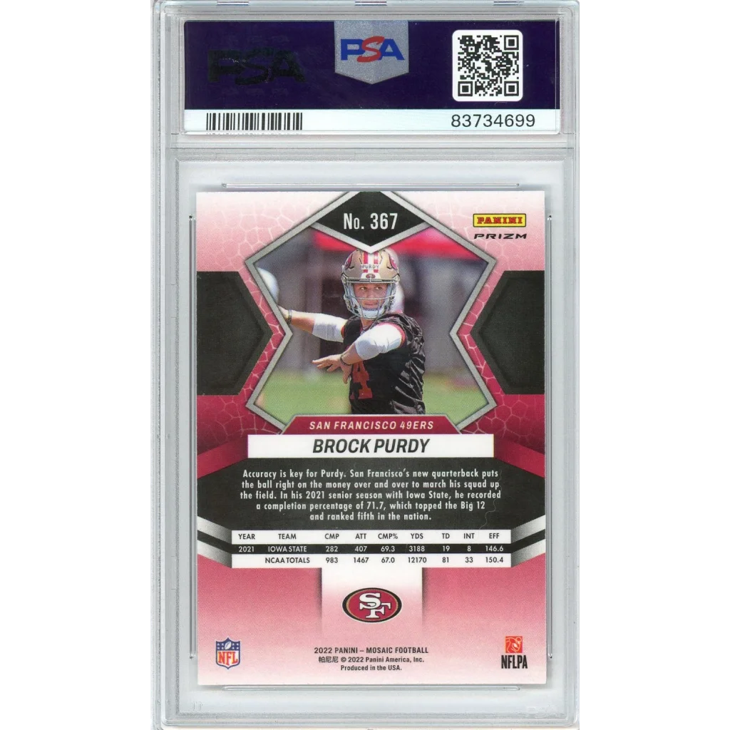 Graded 2022 Panini Mosaic Brock Purdy #367 Camo Pink RC PSA 10 Gem Mint card