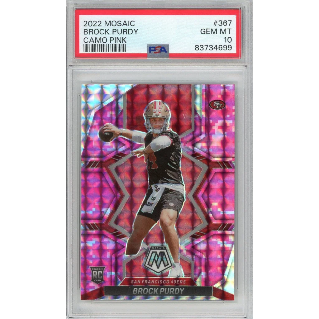 PSA Graded 2022 Mosaic Brock Purdy Camo Pink Rookie Football Card on display