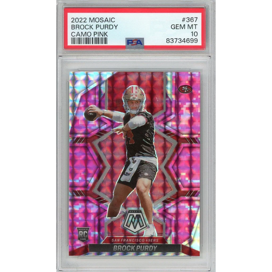 PSA Graded 2022 Mosaic Brock Purdy Camo Pink Rookie Football Card on display