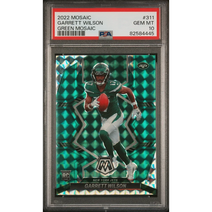 PSA graded 2022 Garrett Wilson Green Mosaic rookie football card Jets in a product box