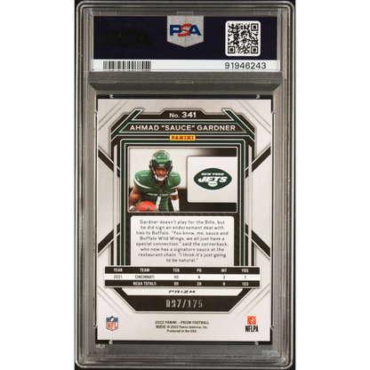 Graded 2022 Panini Prizm Ahmad Gardner #341 Hyper Prizm #/175 Rookie RC Football Card PSA 10 Gem Mint | PSA 10 Gem Mint Graded Rookie Card | vintageantiquesgifts.com