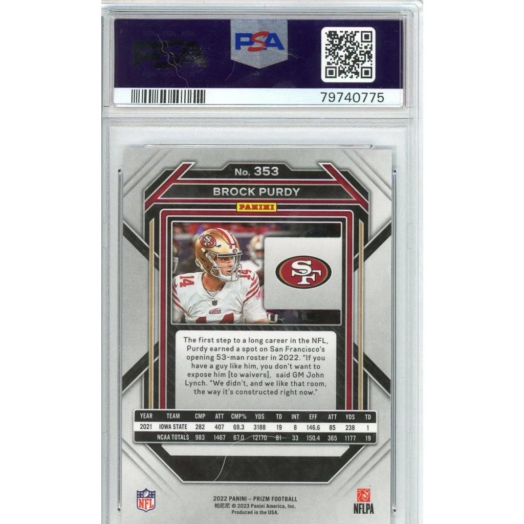 Graded 2022 Panini Prizm Brock Purdy #353 Rookie RC Football Card PSA 10 Gem Mint | PSA 10 Gem Mint Graded Rookie Card | vintageantiquesgifts.com
