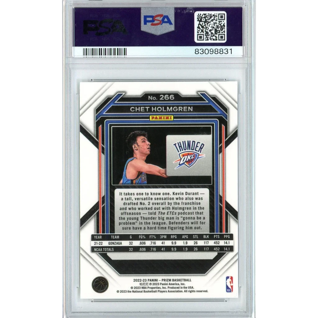 Graded 2022 Panini Prizm Chet Holmgren #266 Rookie RC Basketball Card PSA 10 Gem Mint | PSA 10 Gem Mint Graded Rookie Card | vintageantiquesgifts.com