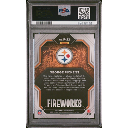 Graded George Pickens Fireworks Prizm football trading card in PSA 10 Gem Mint grade