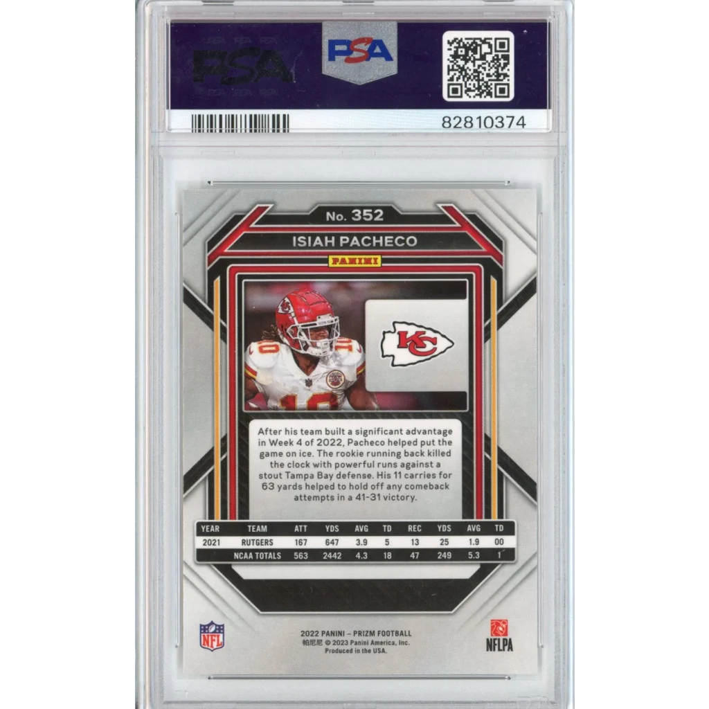 Encased 2022 Prizm Football Isiah Pacheco Rookie Card in PSA Graded case