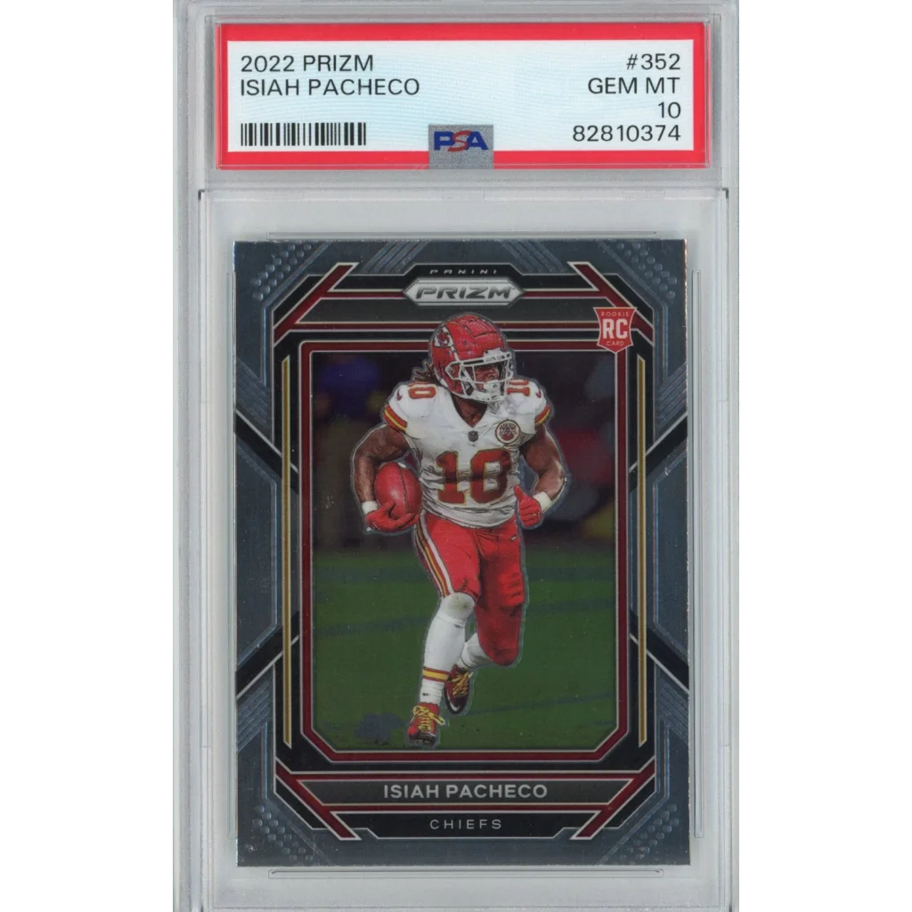 A graded 2022 Prizm Isiah Pacheco football rookie card in PSA case
