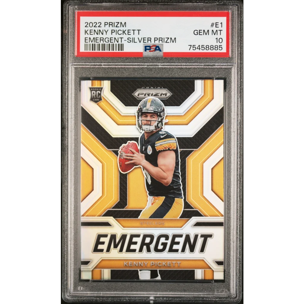 PSA Graded Kenny Pickett 2022 Prizm Emergent Silver football card on display