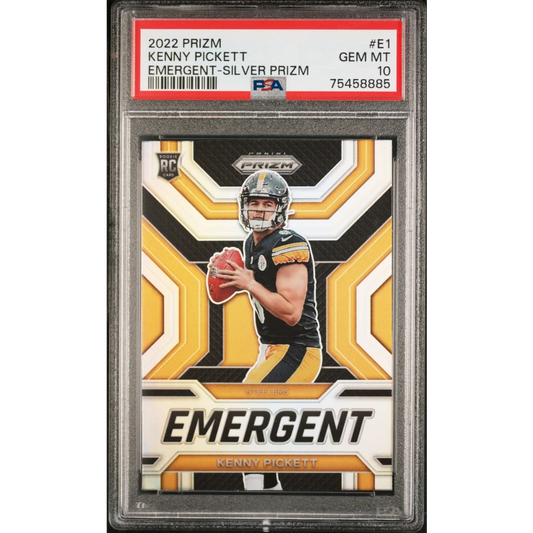 PSA Graded Kenny Pickett 2022 Prizm Emergent Silver football card on display