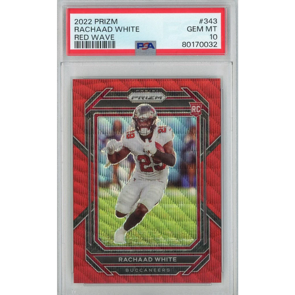 PSA graded Rachaad White 2022 Prizm Red Wave football card from professional sports authenticator