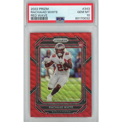 PSA graded Rachaad White 2022 Prizm Red Wave football card from professional sports authenticator