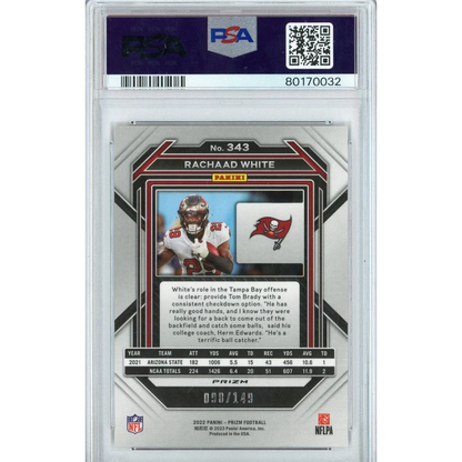 PSA graded Rachaad White 2022 Prizm Red Wave football card from professional sports authenticator