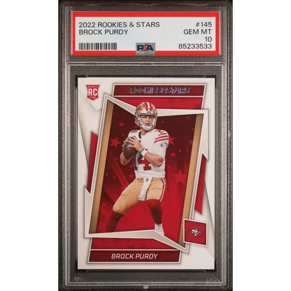 PSA 10 Gem Mint 2022 Panini Rookies & Stars Brock Purdy #145 Rookie Card