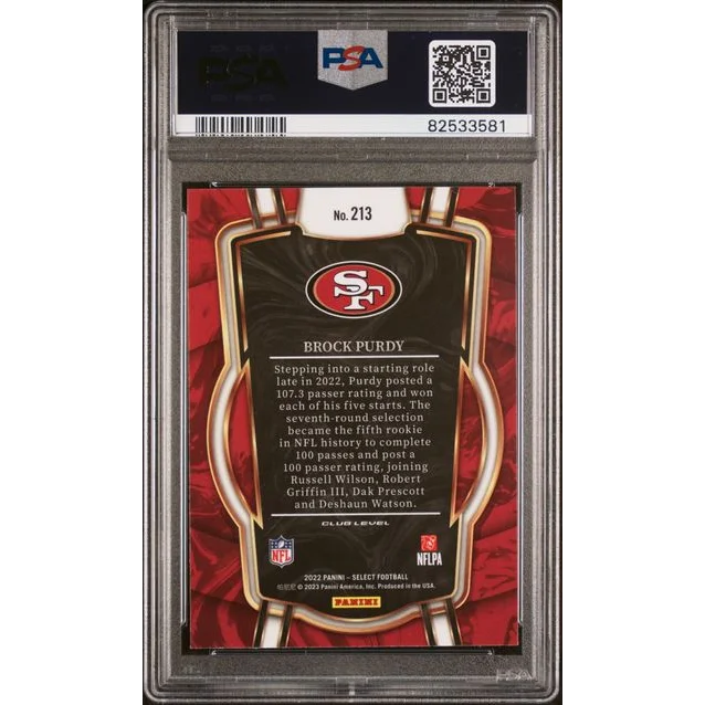 PSA Graded Brock Purdy 2022 Select Rookie Card football trading card on display