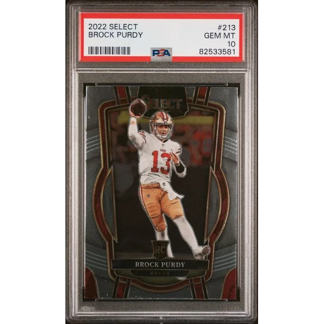 A graded 2022 Select Brock Purdy rookie football card in PSA case