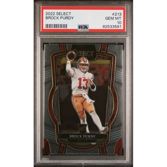 A graded 2022 Select Brock Purdy rookie football card in PSA case