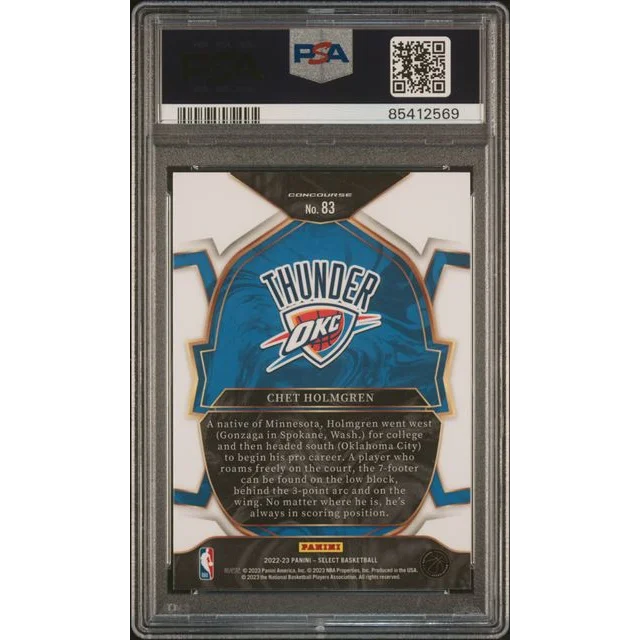 PSA graded Chet Holmgren Oklahoma City Thunder rookie basketball card on display