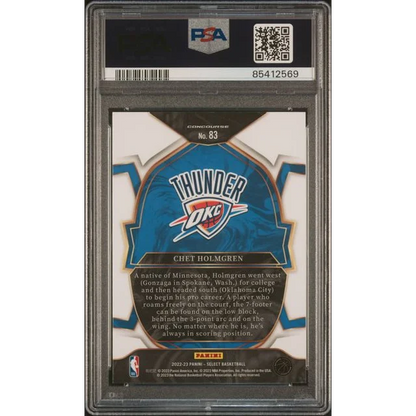 PSA graded Chet Holmgren Oklahoma City Thunder rookie basketball card on display
