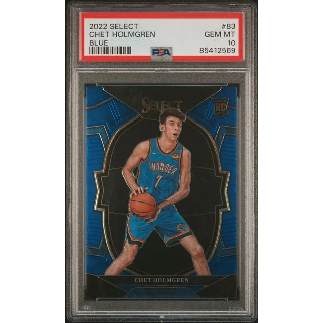 PSA graded Chet Holmgren Blue Select Thunder rookie basketball card on display