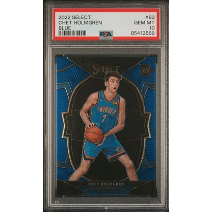 PSA graded Chet Holmgren Blue Select Thunder rookie basketball card on display
