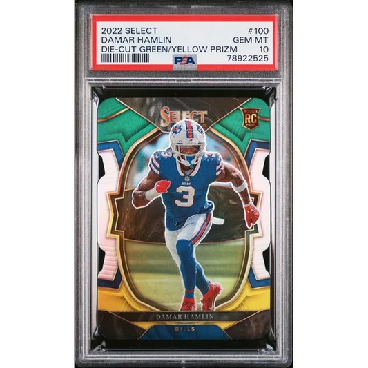 Graded 2022 Panini Select Damar Hamlin #100 Die-Cut Green/Yellow Prizm Rookie RC Football Card PSA 10 Gem Mint | Hall of Fame Sports Memorabilia | vintageantiquesgifts.com