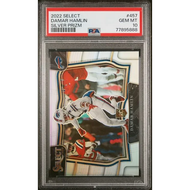 PSA Graded 2022 Select Damar Hamlin Silver Prizm Football Card showing grade and shine