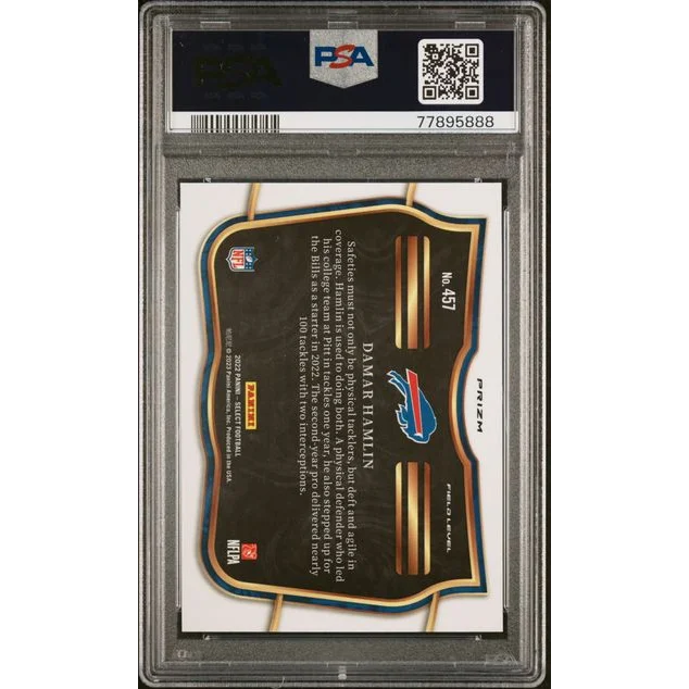 A graded 2022 Select Damar Hamlin Silver Prizm football trading card in PSA holder
