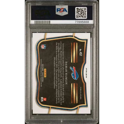 A graded 2022 Select Damar Hamlin Silver Prizm football trading card in PSA holder