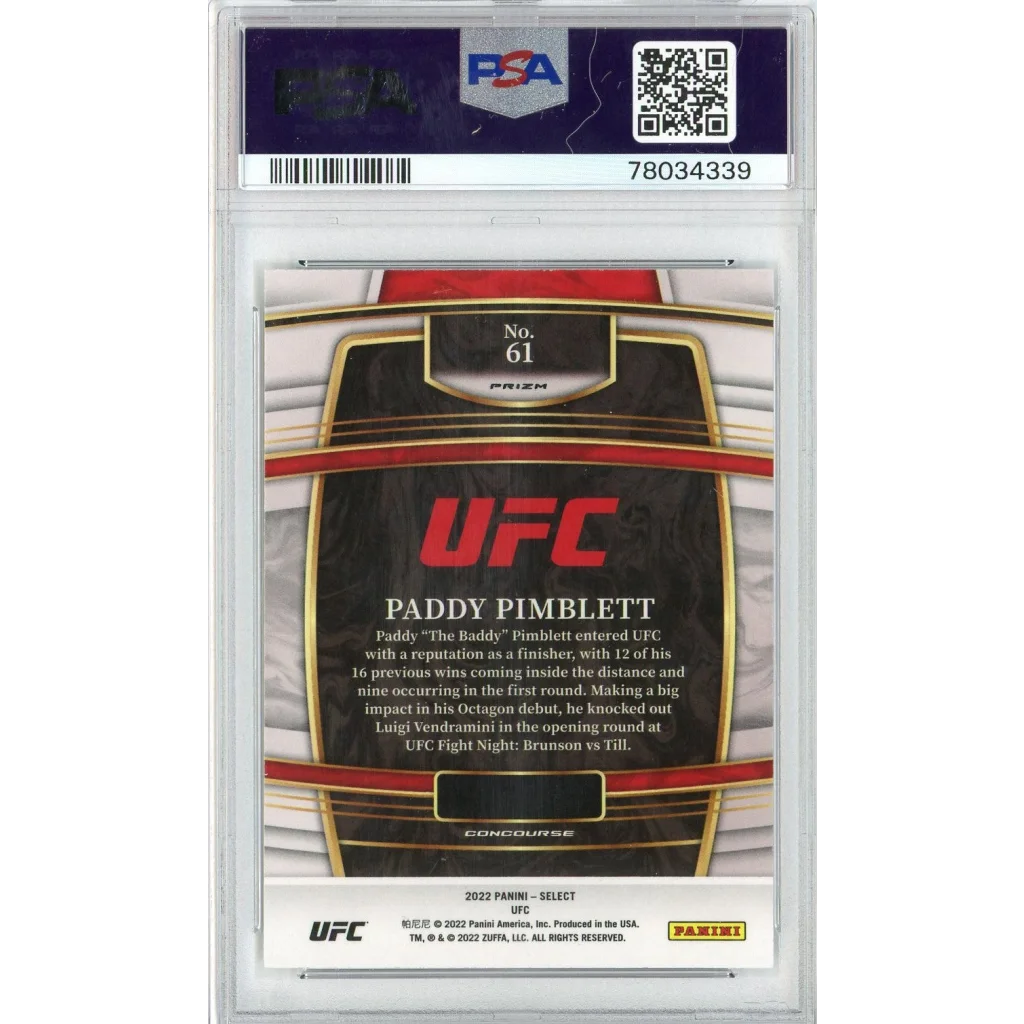 PSA Graded Paddy Pimblett Silver Prizm UFC Trading Card in a product display
