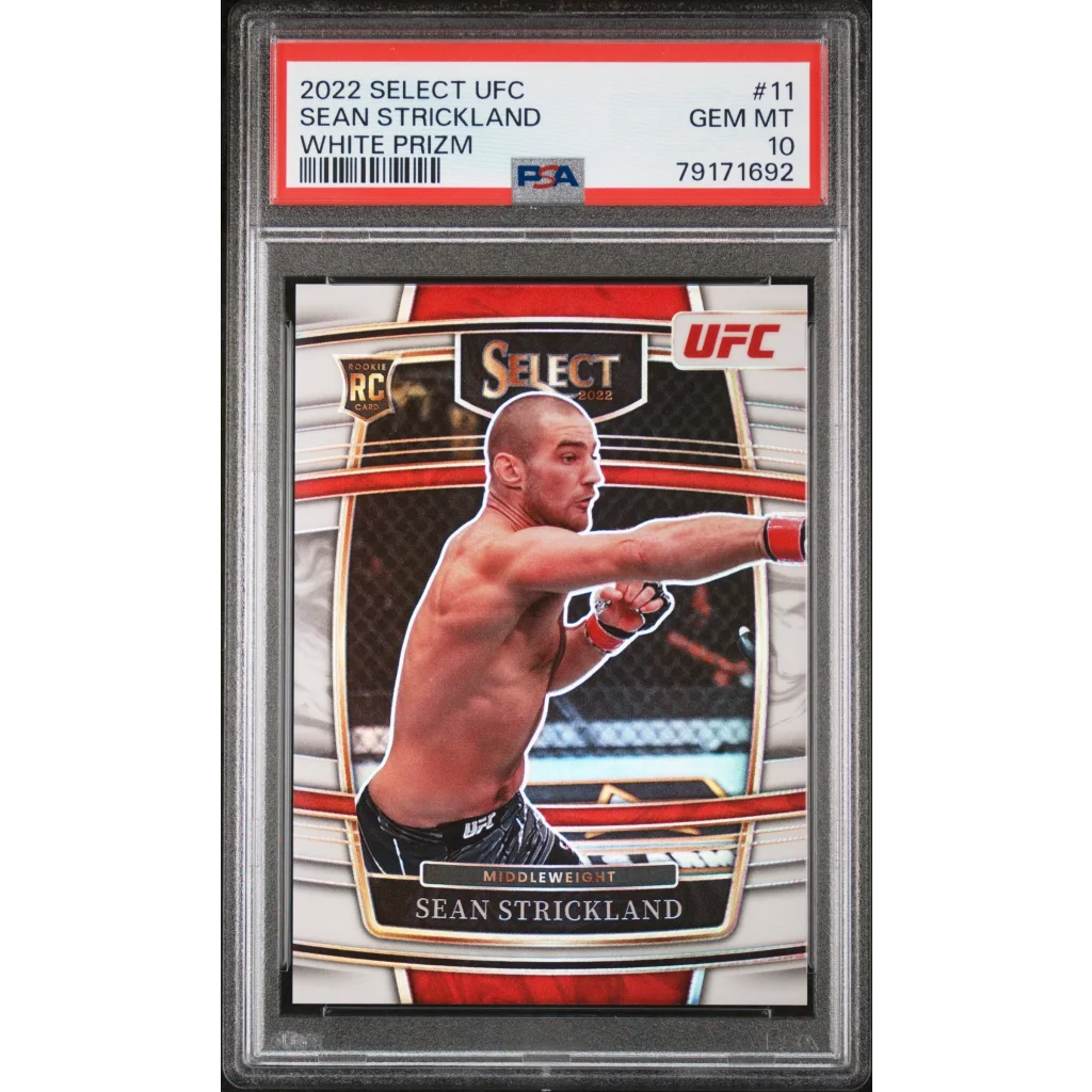PSA 10 Sean Strickland White Prizm Rookie Card Gem Mint Perfect Grade displayed