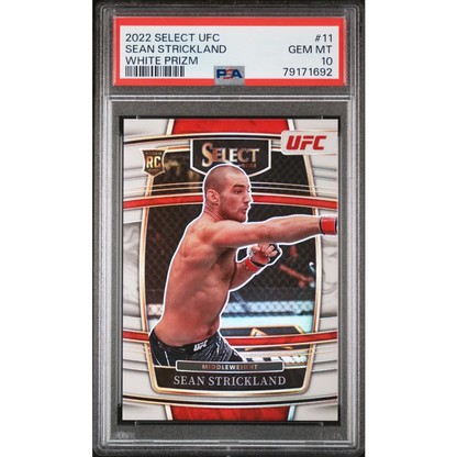 PSA 10 Sean Strickland White Prizm Rookie Card Gem Mint Perfect Grade displayed