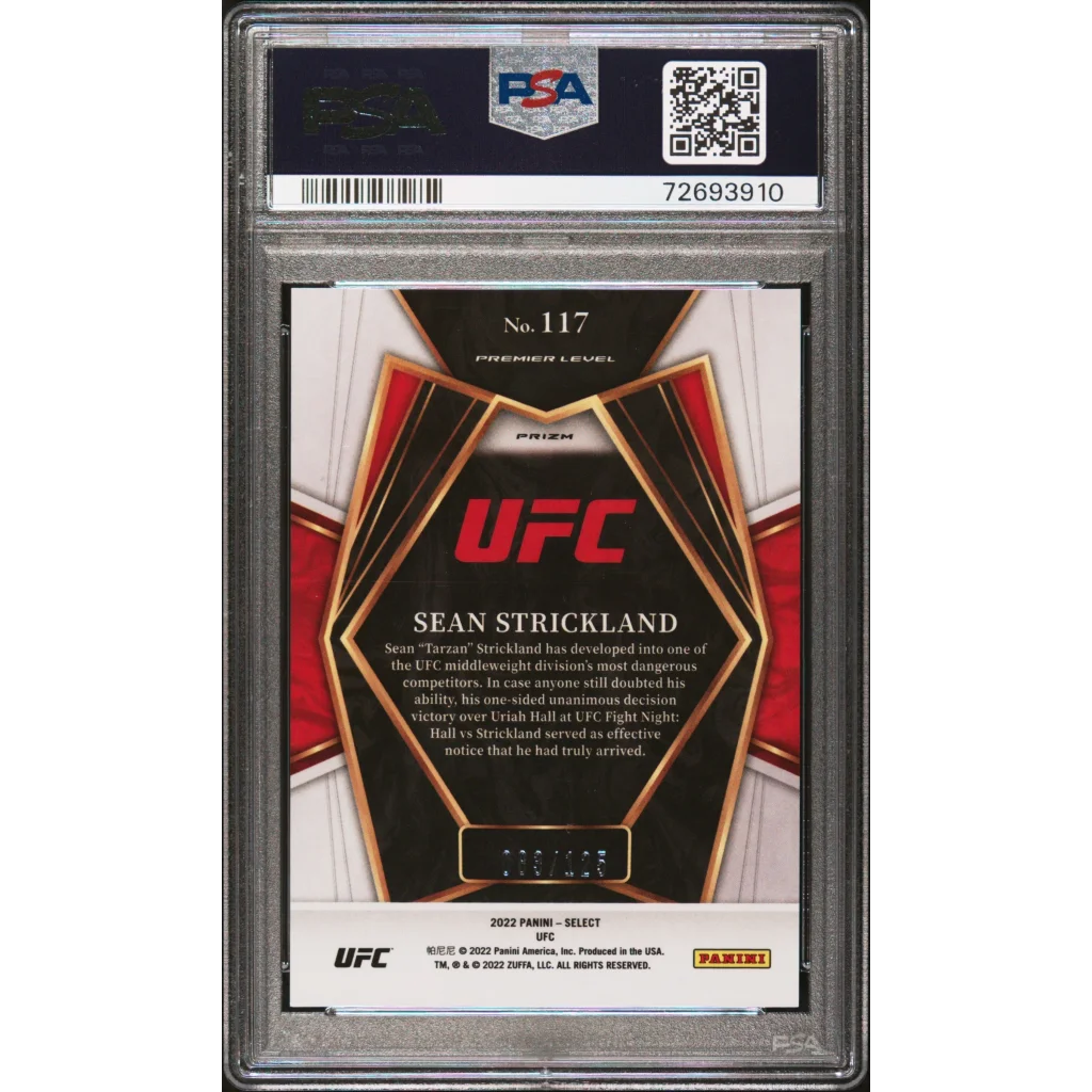 PSA graded Sean Strickland UFC Maroon Prizm trading card from a professional sports authenticator