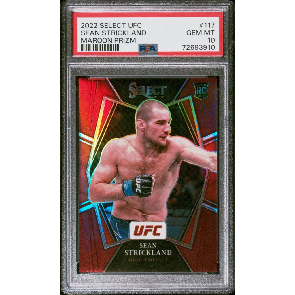 PSA graded Sean Strickland UFC Maroon Prizm trading card from professional sports authenticator