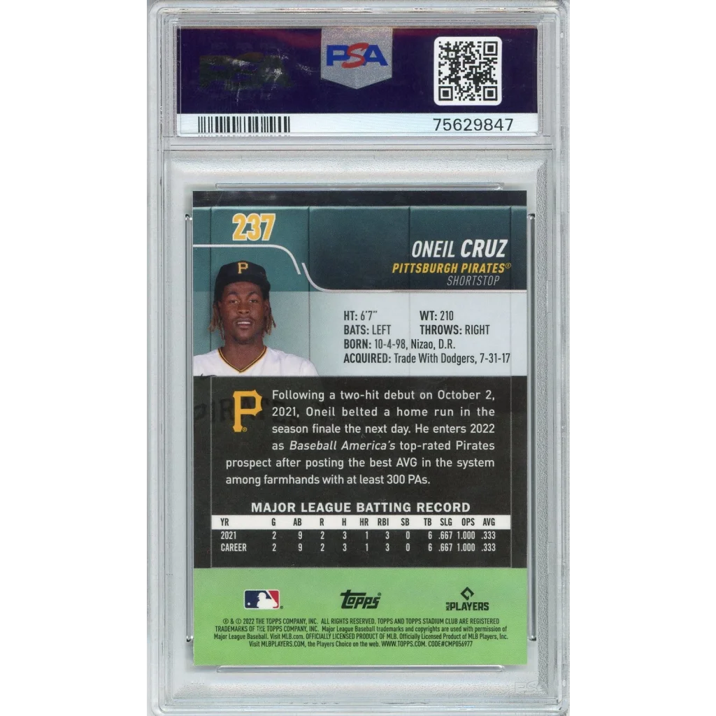 PSA graded Oneil Cruz Pittsburgh Pirates baseball card on display