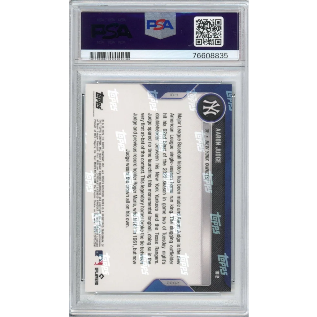 A 2019 topps baseball card of aaron judge graded psa 10 gem mint in a protective slab with serial number 76608835