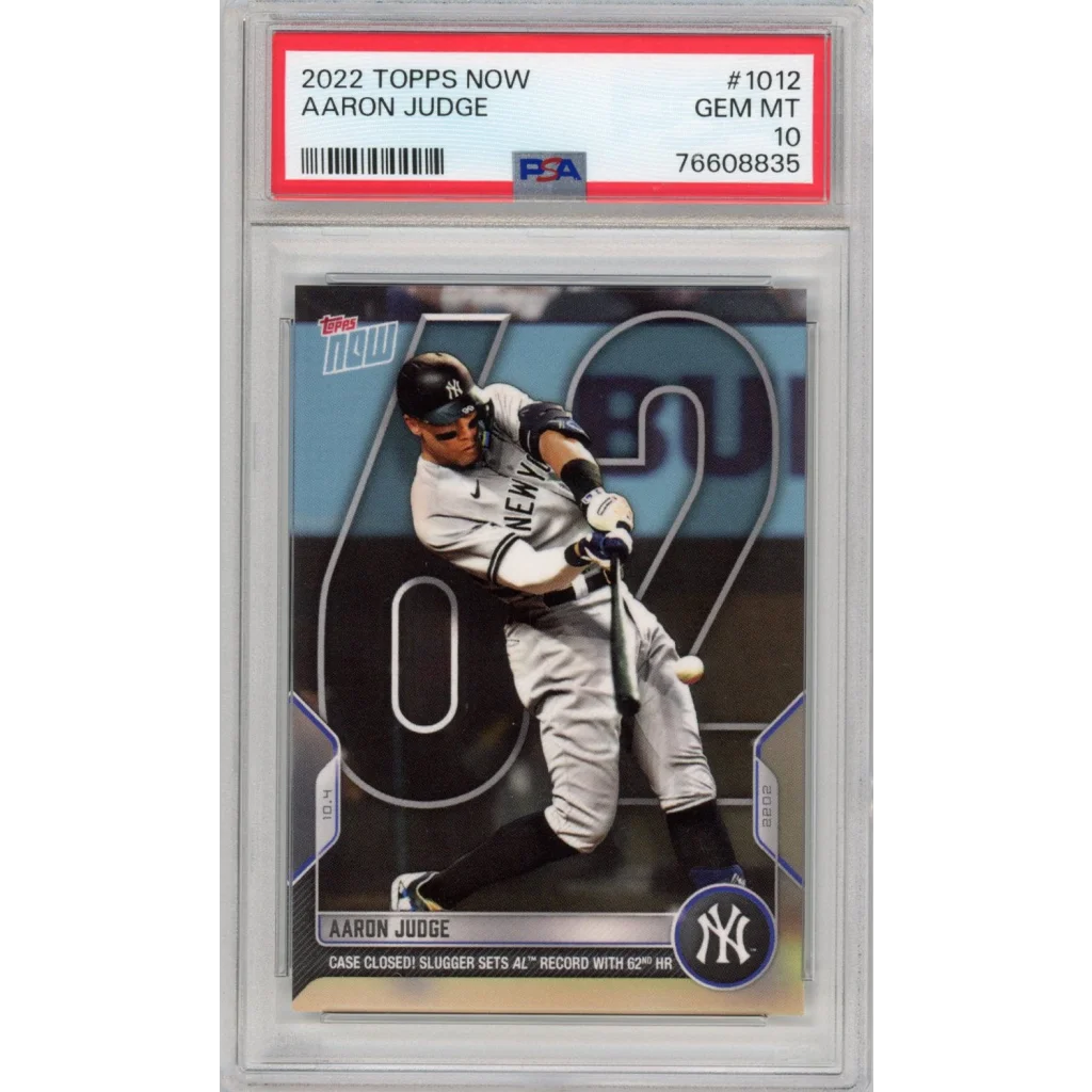 Graded 2022 Topps Now Aaron Judge baseball card number 1012 62nd home run PSA 10 gem mint condition