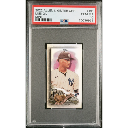 A graded 2022 Topps Allen & Ginter Chrome Luis Gil baseball card by professional sports authenticator