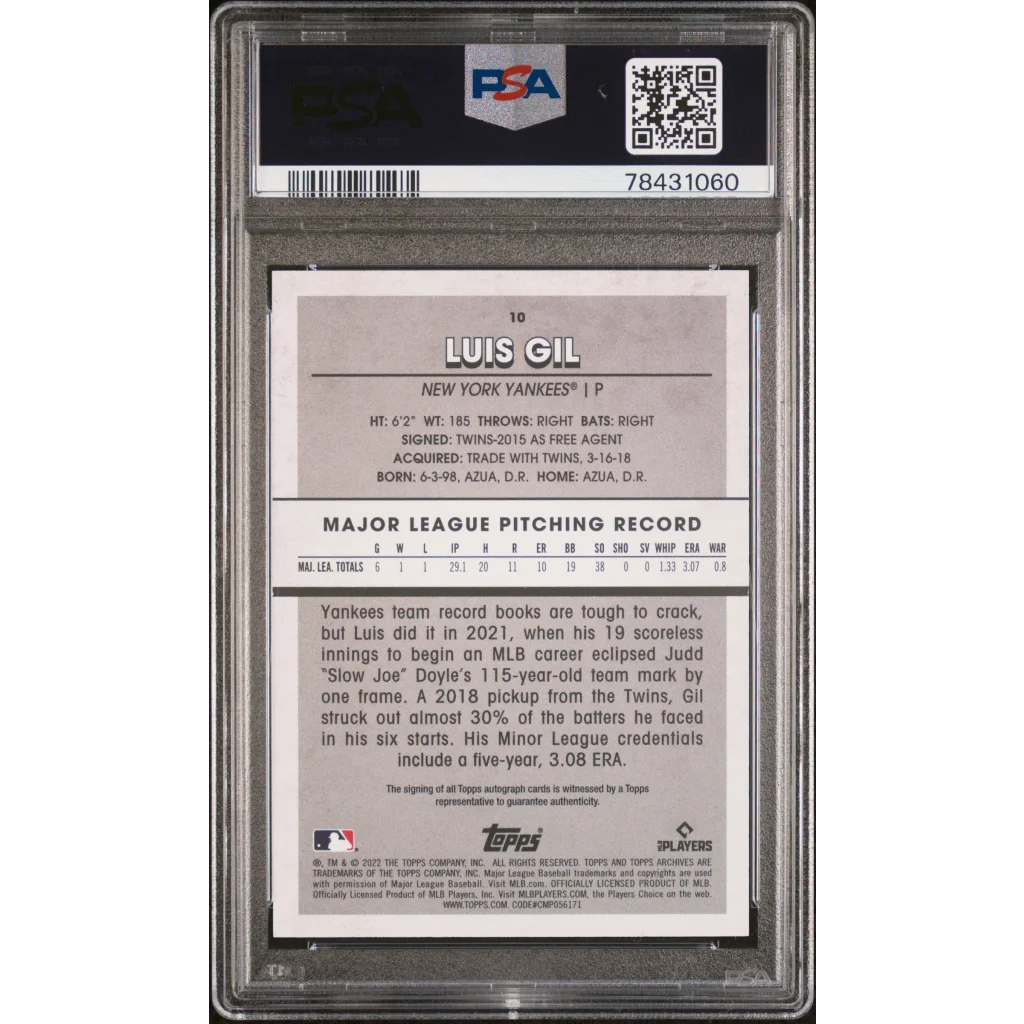 PSA 10 Graded 2022 Topps Archives Luis Gil Yankees Autograph Rookie Card