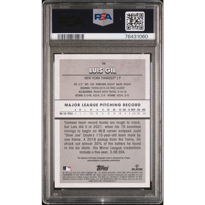 PSA 10 Graded 2022 Topps Archives Luis Gil Yankees Autograph Rookie Card