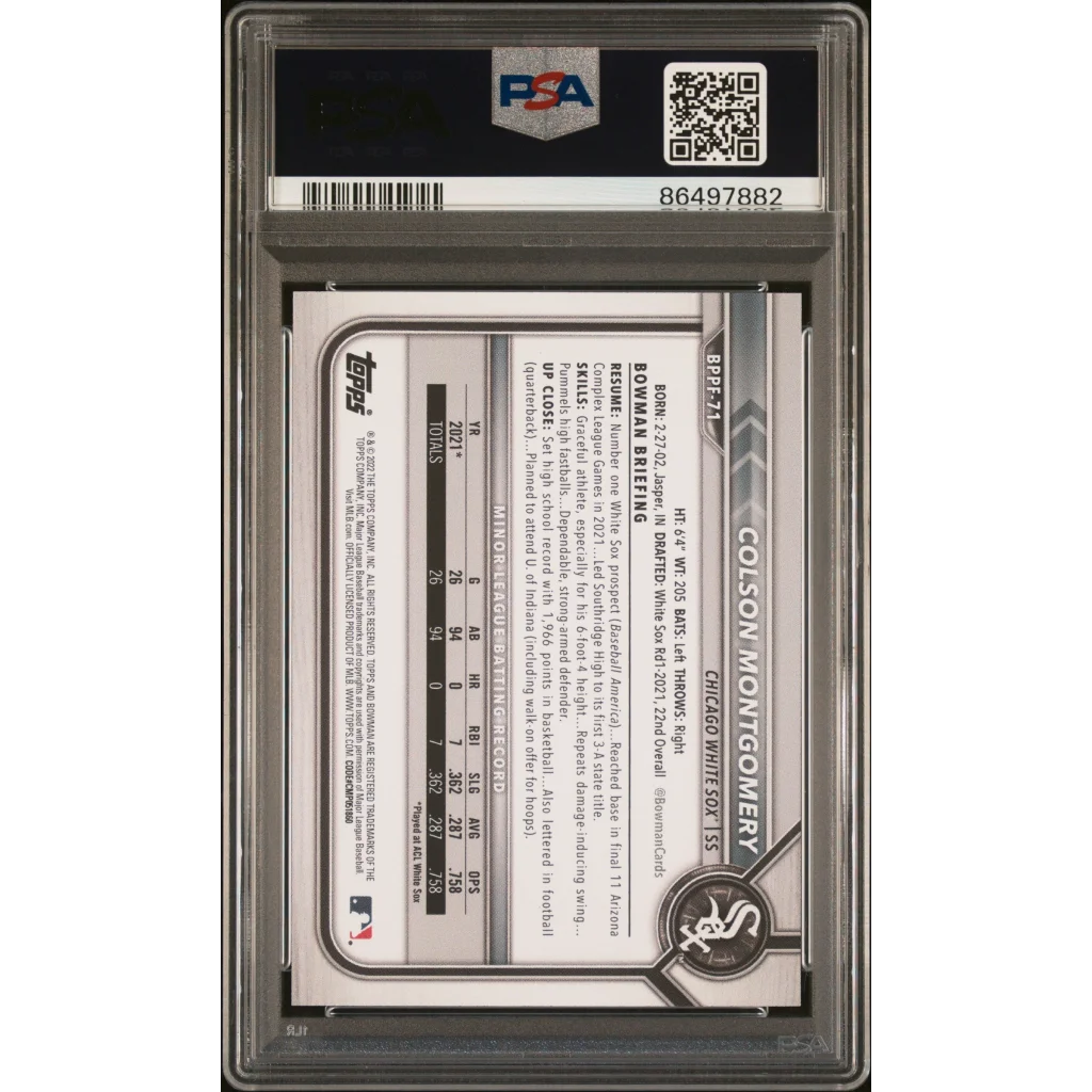 Graded 2022 Topps Bowman 1st Edition Colson Montgomery #BPPF71 Rookie RC Baseball Card PSA 10 Gem Mint | PSA 10 Gem Mint Graded Rookie Card | vintageantiquesgifts.com