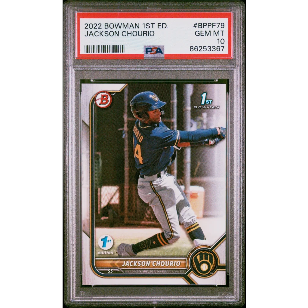 Graded 2022 Topps Bowman 1st Edition Jackson Chourio #BPPF79 Rookie RC Baseball Card PSA 10 Gem Mint | Hall of Fame Sports Memorabilia | vintageantiquesgifts.com