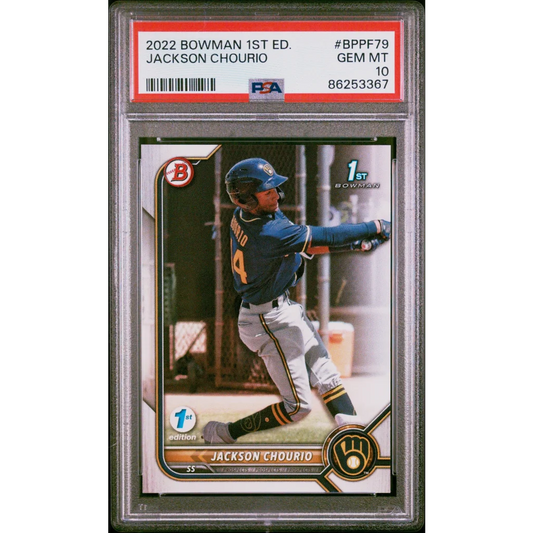 Graded 2022 Topps Bowman 1st Edition Jackson Chourio #BPPF79 Rookie RC Baseball Card PSA 10 Gem Mint | Hall of Fame Sports Memorabilia | vintageantiquesgifts.com