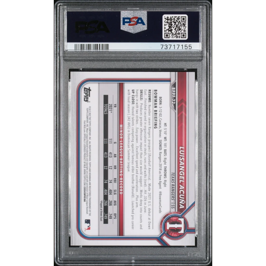 PSA 10 graded 2022 Topps Bowman Luisangel Acuna rookie card, sky blue foil