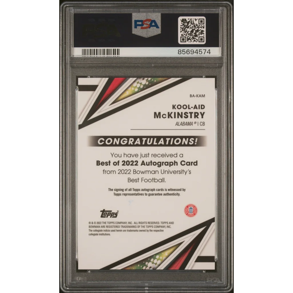 Graded 2022 Topps Bowman Best U Kool Aid McKinstry #BAKAM Best of 22 Autograph Rookie RC Football Card PSA 10 Gem Mint | PSA 10 Gem Mint Graded Rookie Card | vintageantiquesgifts.com