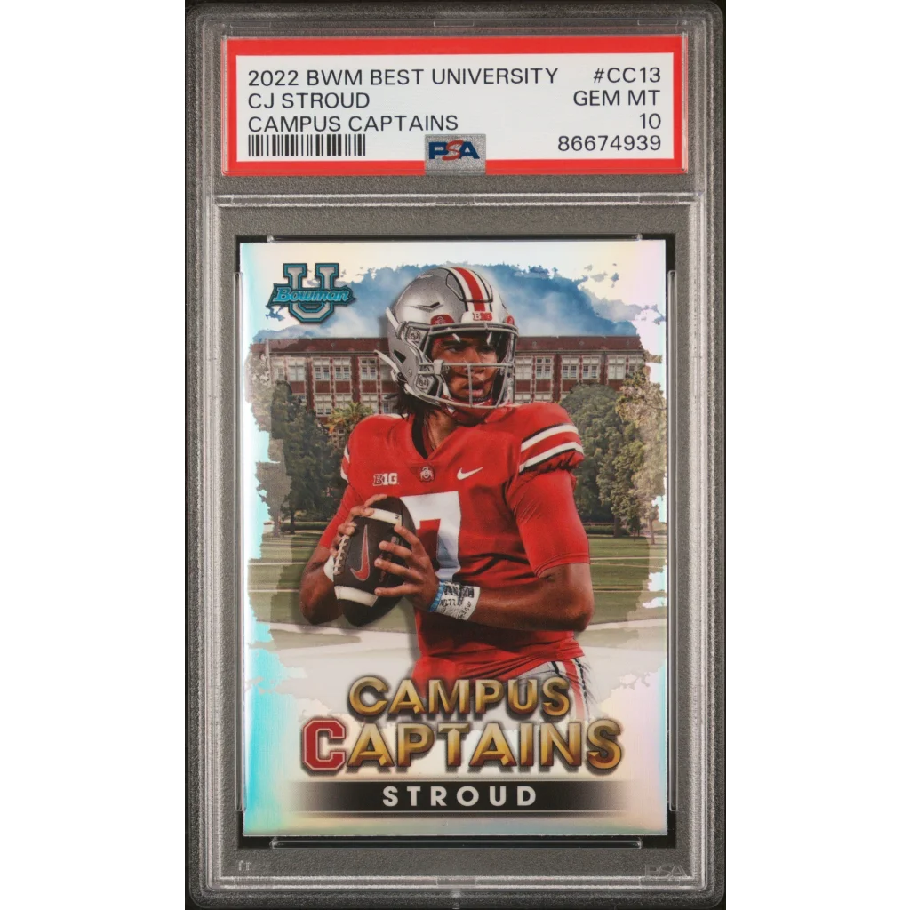 PSA Graded CJ Stroud Football Trading Card in Protective Case displayed