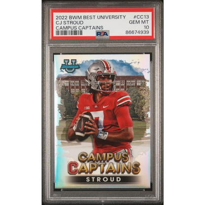 PSA Graded CJ Stroud Football Trading Card in Protective Case displayed