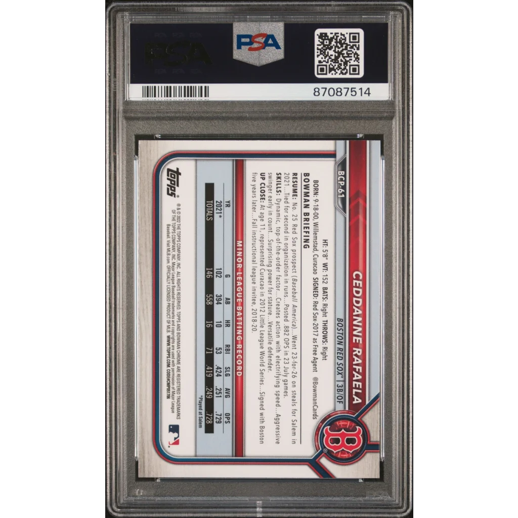 Graded 2022 Topps Bowman Ceddanne Rafaela #BCP61 Chrome Prospects Rookie RC Baseball Card PSA 10 Gem Mint | PSA 10 Gem Mint Graded Rookie Card | vintageantiquesgifts.com